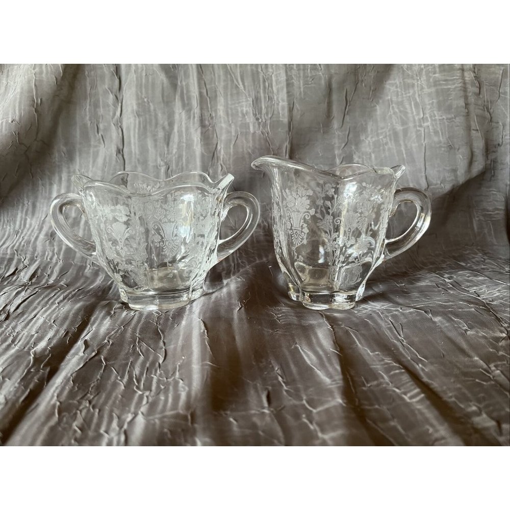 Duncan & Miller First Love Etched Glass Scroll Cream and Sugar Chipped